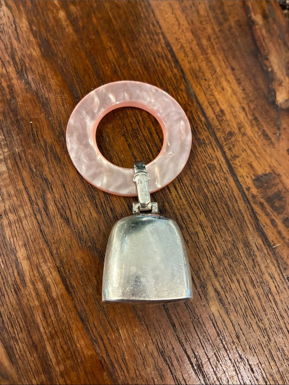 Vintage Pink Ring Baby Rattle Teether with Silver Bell